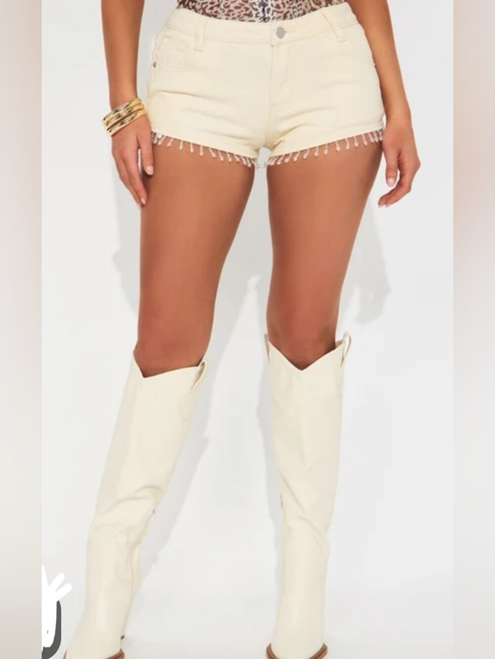 Fashion Nova Cream Denim Shorts with Beaded Trim NWT